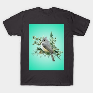 Grey Bird on Branch coral green T-Shirt